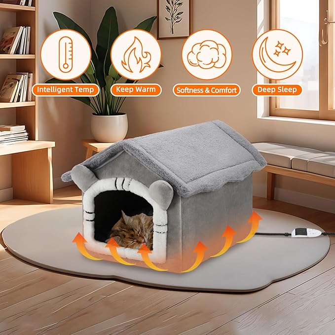 FHTONGE Heated Cat Bed House with Timer Temp Adjustment, Thermal Enclosed Kitten Beds Hideaway Machine Washable, Self-Warming Cozy Pet Nest Covered Beds Cave for Indoor Kitten Old Cat Puppy Small Dog