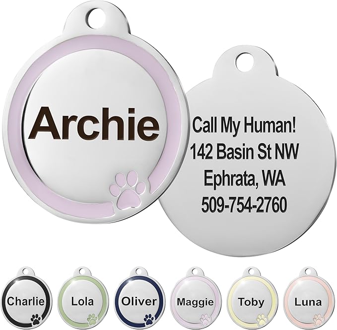 GoTags Stainless Steel Pet ID Bone Round and Heart Shaped Tags with Enamel Paw Design, Personalized Dog and Cat Tags, up to 5 Lines of Custom Text, Engraved on Both Sides (Lavender, Regular Round)