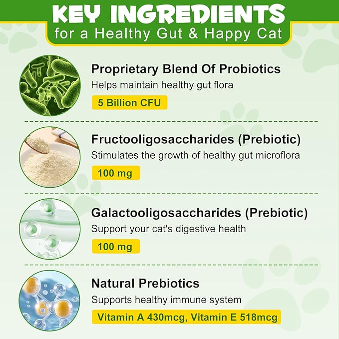 Probiotics for Cats - Cat Probiotic Powder Digestive Supplement with Digestive Enzymes & Prebiotics for Cats Support Gut Health, Seasonal Allergies & Immune System, Cat Health Supplies Powder - 120g
