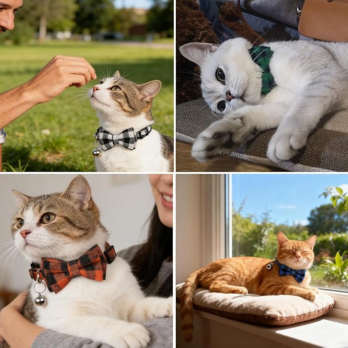 6 Pack Breakaway Cat Collar Bow Tie, Soft Plaid Kitten Collars with Bells Adjustable Buckle 8-12 in Quick Release for Small Pet