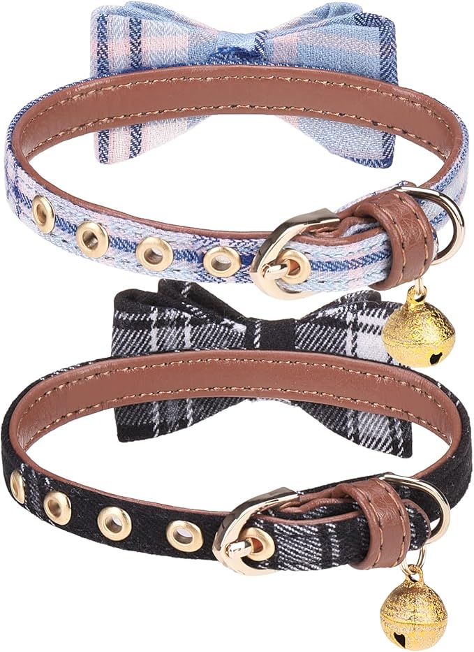 PUPTECK Puppy Collar with Bell XXS Dog Collar Charm Adjustable Bowtie Soft Leather for Cats Kittens Extra Small Dogs 2 Packs