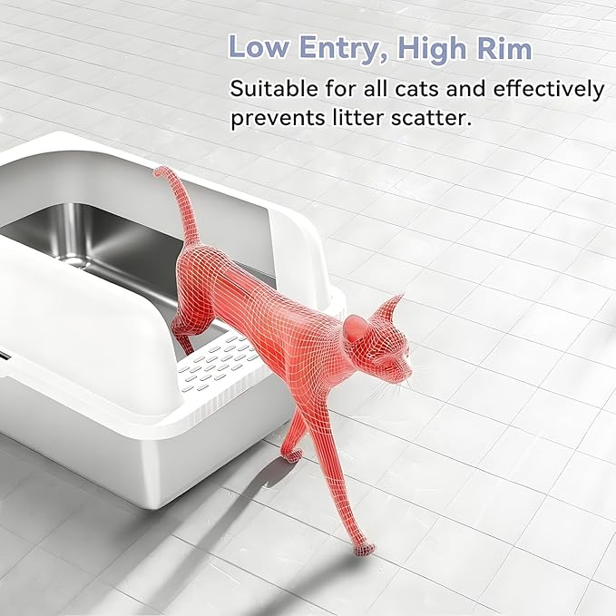 Stainless Steel Cat Litter Box with Lid, 24" L x 16" W x 12" H, Extra Large Enclosed Litter Box for Cats, High Sided Anti Leakage, Non-Stick, Includes Stainless Steel Scoop & Cat Mat