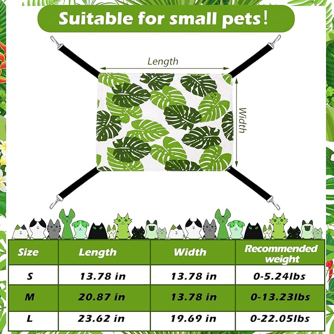 2 Pieces Reversible Cat Hanging Hammock Soft Breathable Pet Cage Hammock with Adjustable Straps and Metal Hooks Double Sided Hanging Bed for Small Dogs Rabbits(Monstera Leaf,L)