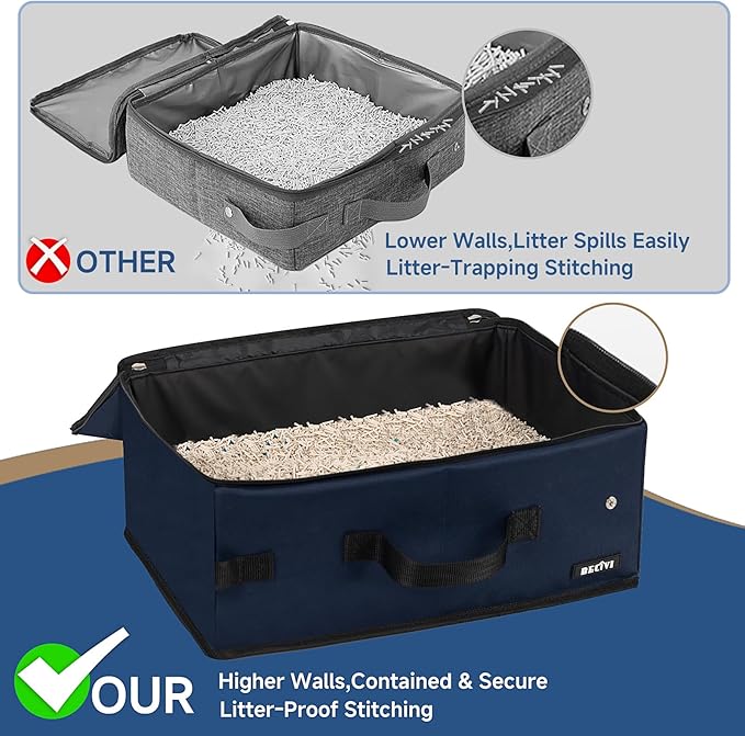 Portable Cat Travel Litter Box with Lid and 10 Pcs Disposable Liner Bags, Leak-Proof & Collapsible, Easy Clean Odor-Control Cat Travel Essentials for Car, Hotel, Airplane, Camping,Trips Navy