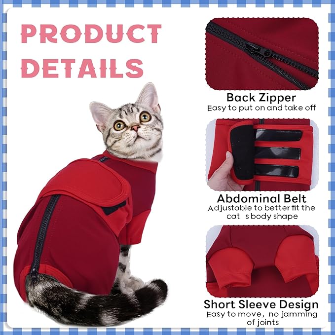 Anxiety Relief Catsuit, Color Blocking Cat Clothes, Adjustable Calming Onesie for Thunderstorms, Fireworks, Separation, Vet Visit, Loud Noises, Travel, Anti-Anxiety Wrap for Cats, Red Large