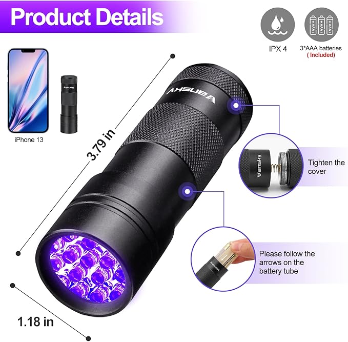 UV Light 395nm Blacklight Flashlight: Vansky 12 LED Black Light Mini Pet Urine Detection for Invisible Dog/Cat Dried Urine Stains on Carpet, Scorpion Finder, Resin Curing