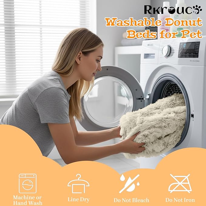 Fluffy Dog Bed Calming Donut Beds for Large Dogs Warming Round Small Medium Pet Nest Cozy Cat Mattress Indoor Washable Puppy Kennel Kittens Sleep Mat (M, 27.5×27.5 inch, Khaki)