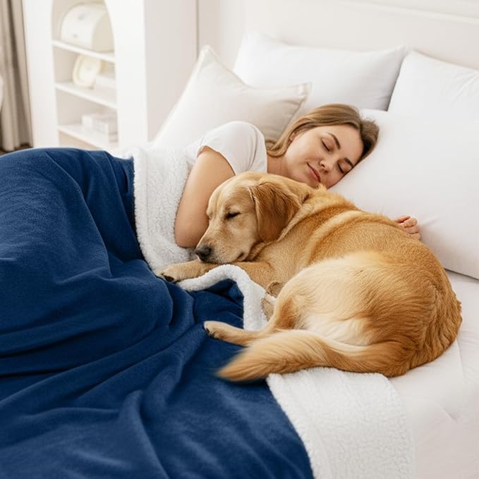 Smiry Waterproof Blanket Throw for Large Dogs, Soft Reversible Dog Blanket for Sofa Couch Bed, Washable Leakproof Sherpa Fleece Furniture Couch Protector(50"x60", Navy/White)