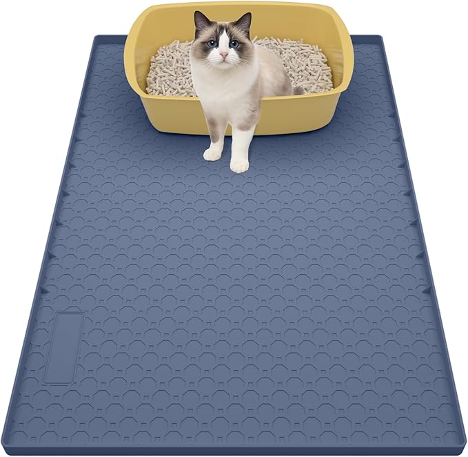 Silicone Large Cat Litter Mat 34" X 22", Cat Mat for Litter Box, Cats Litter Trapping Mat, Non-Slip and Waterproof, Raised Edges, Blue