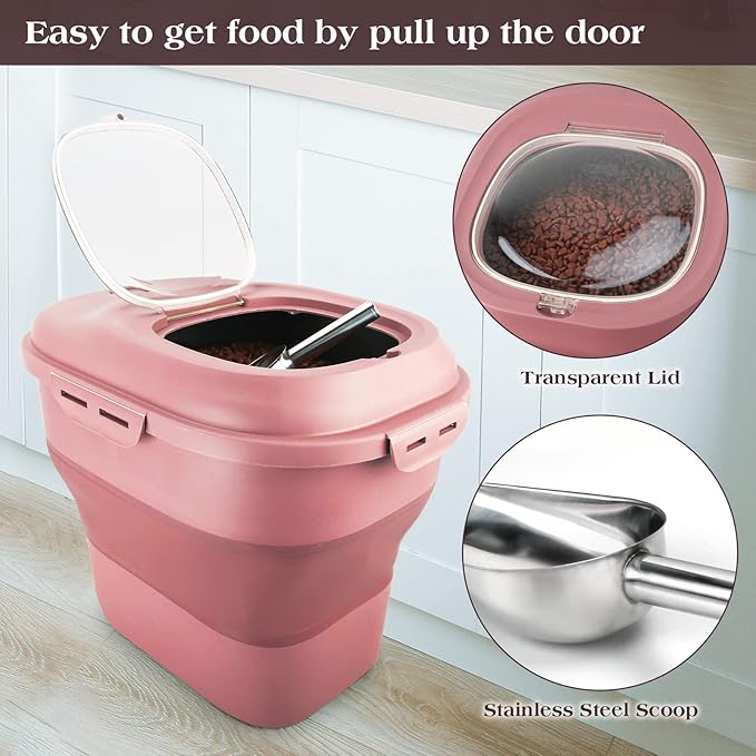 Dog Food Storage Container, Airtight Collapsible 13lb to 30lb Pet Food Container with Flip Top, Rolling Wheel, Scoop and a small container for Dog Cat Food and Dry Food of Rice, Flour
