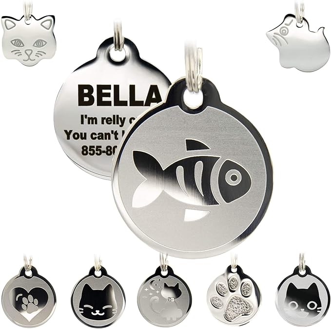 Stainless Steel Cat ID Tags - Engraved Personalized Cat Tags Includes up to 4 Lines of Text with Cat & Mouse Shapes