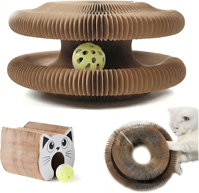 Foldable Accordion Cat Scratcher Toy with Bell Ball, Recyclable Corrugated Cardboard Interactive Scratching Pad for Indoor Cats & Kittens, 1 Pack(White)