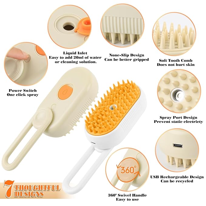 Cat Steam Brush for Shedding – Rechargeable Steam Pet Brush Flea, Anti-Static, Massage, Comb Cleaning All in One Pet Grooming Comb Hair Removal Tool for Cats and Dogs (2 PCS White Brown)
