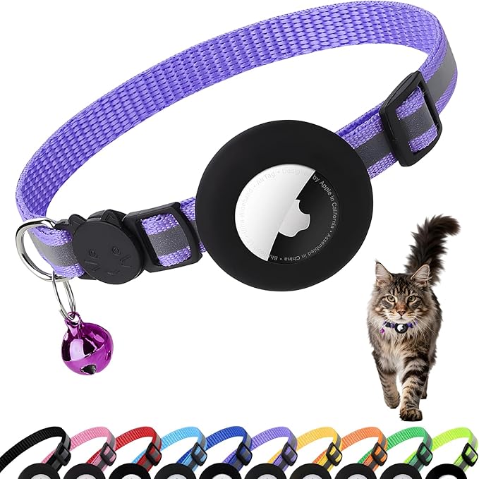 Airtag Cat Collar with Bell, Reflective Nylon Kitten Collar with Apple Air Tag Holder and Breakaway Safety Buckle for Puppy Girl Boy Cats, 3/8" in Width and Lightweight, Purple
