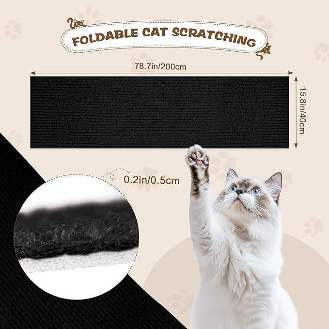 Eunice Cat Scratching Mat, Self-Adhesive Cat Scratch Carpet, Trimmable Replacement Carpet Pad for Tree Wall Cat Scratching Post DIY Couch Protector (Black, 78.7"x15.8")