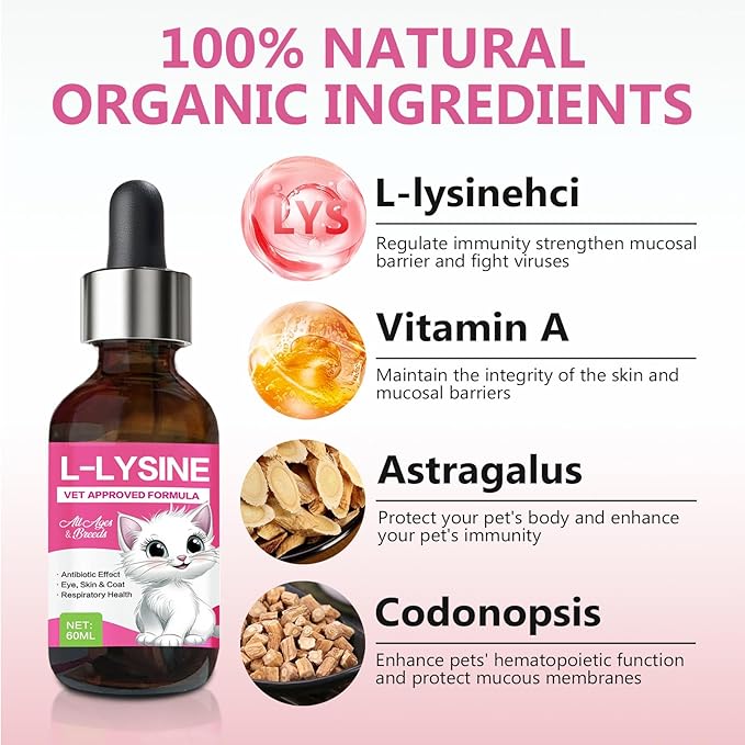 L-Lysine for Cats,Immune Support,Tasty Chicken Flavor L-Lysine Supplement for Daily Wellness & Vitality - 60ML with Dropper for Easy Dosing