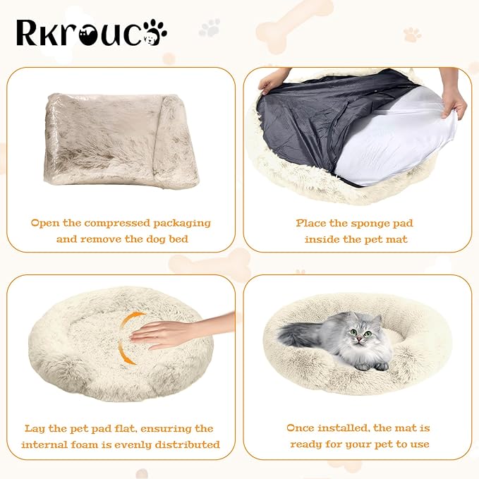 Fluffy Dog Bed Calming Donut Beds for Large Dogs Warming Round Small Medium Pet Nest Cozy Cat Mattress Indoor Washable Puppy Kennel Kittens Sleep Mat (M, 27.5×27.5 inch, Khaki)
