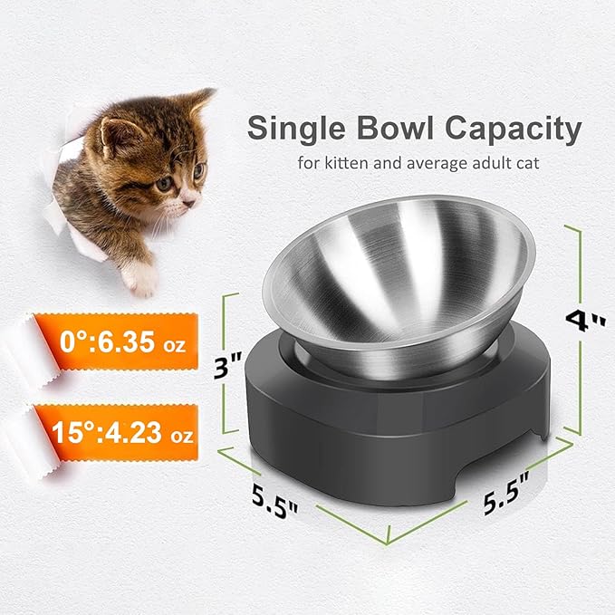 AYADA Raised Cat Food Bowl, Stainless Steel Cat Dish for Dry Wet Food Water, Anti Vomiting Elevated with Stand Ergonomic Lifted Slanted Tilted 15 Angle Metal Single Kitty Kitten Pet Bowl (Single)