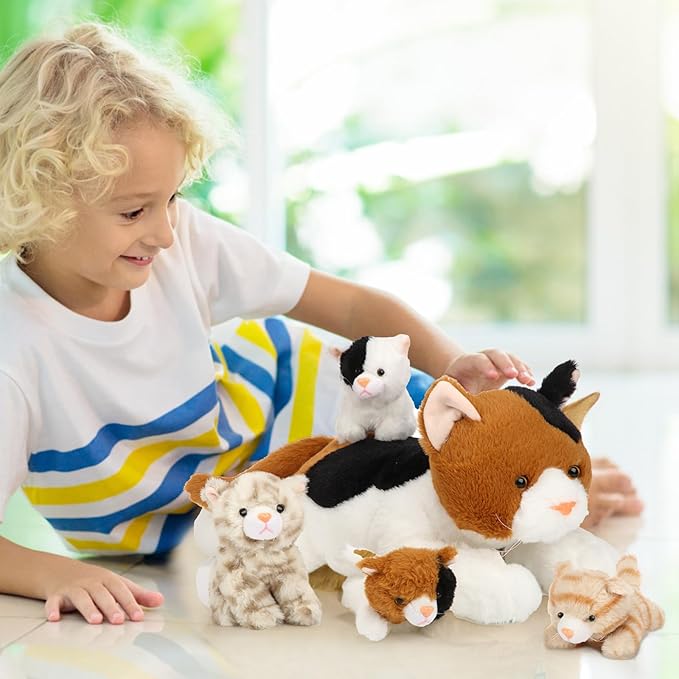 Skylety 5 Pieces Cat Stuffed Animal with Babies Inside Belly Plush Cat Pregnant Mommy Kitty with 4 Cute Fluffy Stuffed Kittens Christmas Birthday Surprise Gifts(Orange, Black, White)