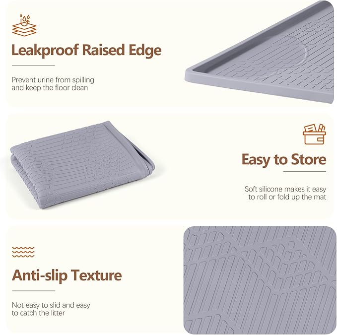 Large Cat Litter Mat with Toy Ball, 34'' x 22'' Silicone Cat Litter Trapping Mat for Scatter Control, Soft on Kitty Paws, Easy to Clean (Light Grey)