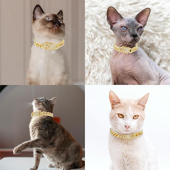 Amabro Diamond Cat Chain Collar, Metal Cuban Link Dog Collar with Secure Buckle Cat Pet Necklace Chain Pet Collar Jewelry Accessories for Small Medium Dogs Cats Puppy Kittens (Gold, 10 inch)