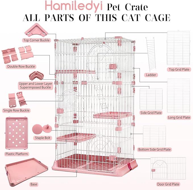 Hamiledyi 4-Tier Cat Cage Indoor Large Cat Enclosure with 1 Ramp Ladders 3 Platforms 3 Doors Metal Cat Playpen Outdoor Kitten Cage for 1-3 Small and Medium Pets (Pink)