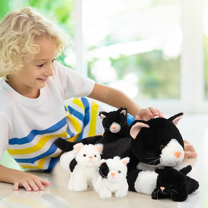 Skylety 5 Pieces Cat Stuffed Animal with Babies Inside Belly Plush Cat Pregnant Mommy Kitty with 4 Cute Fluffy Stuffed Kittens Christmas Birthday Surprise Gifts(Black, White)