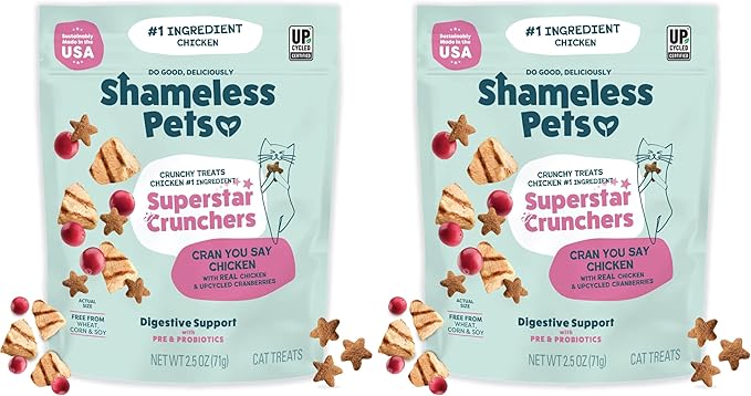 Shameless Pets Crunchy Cat, Natural Kitty Treats for Cats with Digestive Support with Real Chicken, Healthy Flavored Feline Snacks - Cran You Say Chicken (Pack of 2)
