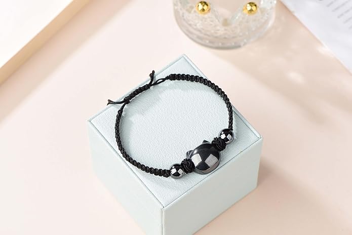 Black Obsidian Cat Bracelet and Moon Pendant Necklace Jewelry Set-Cat Lover Gifts,Wealth Attraction,Good Luck,Bead Bracelet,Mindfulness,Beaded Bracelets, Obsidian Pendant Necklace-Cute Gifts for Women