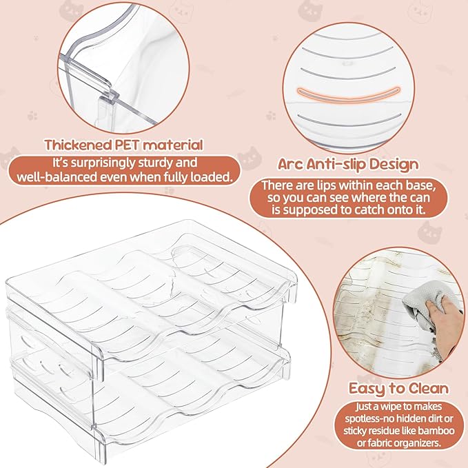 FHTONGE Heavy-Duty Cat Can Organizer for Multiple Sizes, Transparent Wet Cat Food Storage Rack for Pantry Kitchen Cabinet Rridge, 2-Tier Pet Canned Goods Dispenser Shelf Dog Tins Holder Container