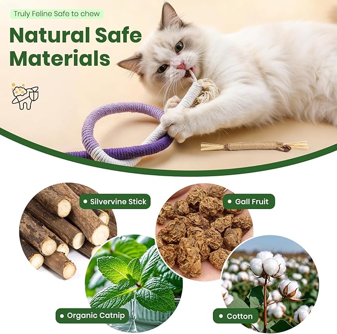 Silvervine Sticks for Cats and Cat Chew Rope Toy for Dental Care Teeth Cleaning,Interactive Cat Catnip Toys for Indoor Cats（9pcs）