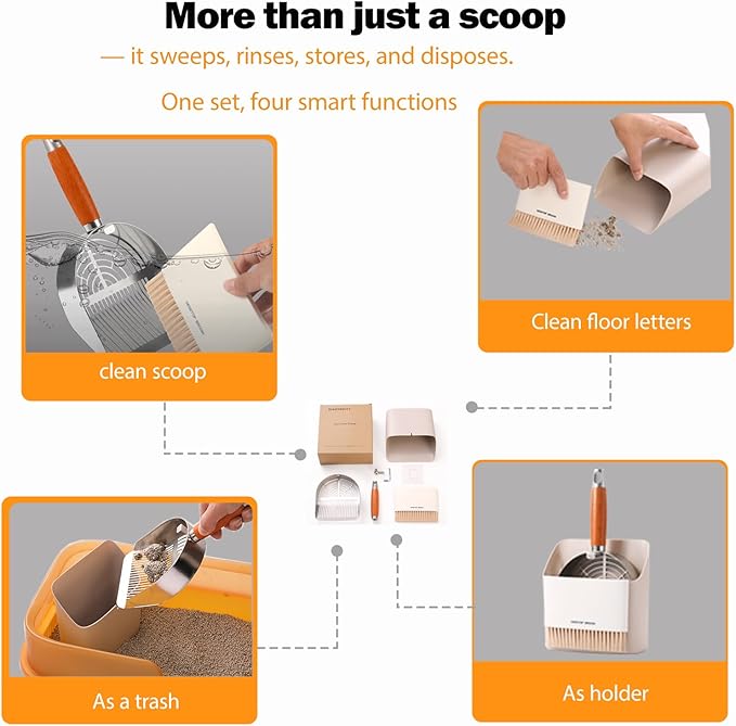 Custom 40% Thicker Side Edges 304 Stainless Steel Metal Cat Litter Scoop with Holder Stand Small Broom & Dustpan - Durable, Anti-Break Handle