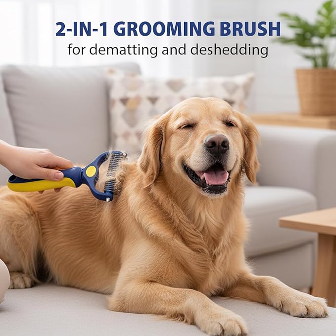 Professional Double-Sided Pet Grooming Rake, Blue and Yellow Deshedding Tool for Dogs and Cats, Undercoat Dematting Brush for Long Hair Pets