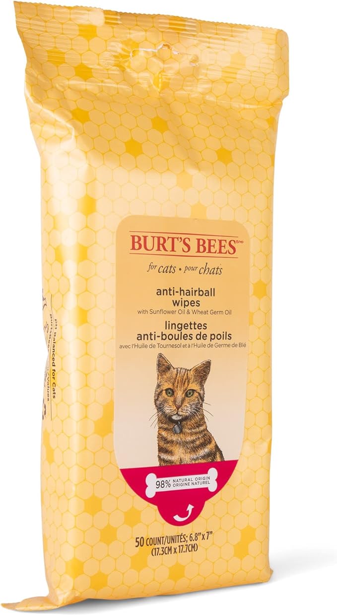 Burt's Bees for Pets Anti-Hairball Wipes for Cats, Sunflower Oil and Wheat Germ Oil, 98% Natural Origin, Cruelty-Free Cat Hairball Remedy Wipes, pH Balanced, Made in the USA, 50 Count - 6 Pack