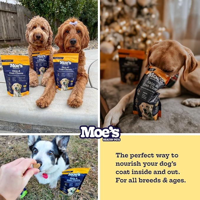 Moe’s Skin & Coat Omega 3, 6, 9 and Vitamin Supplement for Dogs - 90 Soft Chews for Dog Itching Skin Relief Supports Dryness, & Thick, Shiny Coats - with Premium Omega Oil for Dogs of All Breeds