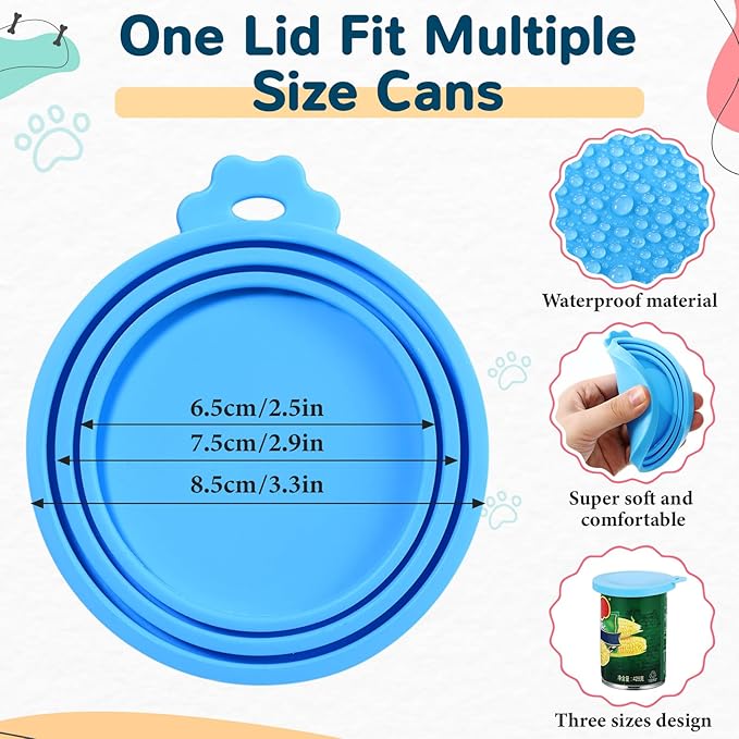 Uiifan Cat Food Lid Cat Food Can Covers Lids 8 Pcs Pet Can Supplies Set 5 Silicone Wet Kitten Foodstuff Tin Covers Lids 2 Silicone Dog Spoons 1 Paw Shape Multifunctional Opener for Pets(Blue)