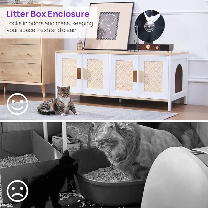 Large Boho Cat Litter Box Enclosure for 2 Cats, Hidden Cat Washroom Furniture with Rattan Doors, Dual Compartment Litter Cabinet & TV Stand, Modern Wooden Cat House (47.2”L x 19.6”W x 19.8”H)