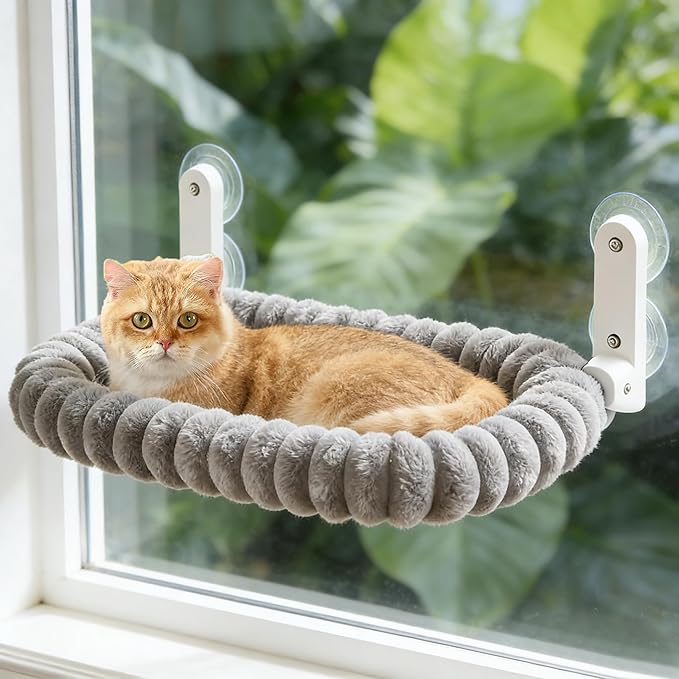 Cat Window Perch with Bolster, Cordless Foldable Cat Window Hammock with Strong Suction Cups & Metal Frame, Machine Washable Pet Bed for Indoor Cats (Gray, Medium)