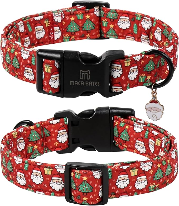 Maca Bates Christmas Red Basic Dog Collar for Large Girl Boy Dogs with Santa Charm Christmas Tree Pattern Soft Adjustable Durable Collars,Winter Gift for Male Female Puppy Pet