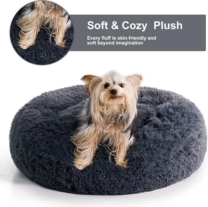 WNPETHOME Calming Dog & Cat Bed, Anti-Anxiety Donut Bed, Fluffy Faux Fur Cushion for Small Dogs and Cats (24 x 24 x 8 Inch, Navy Grey)