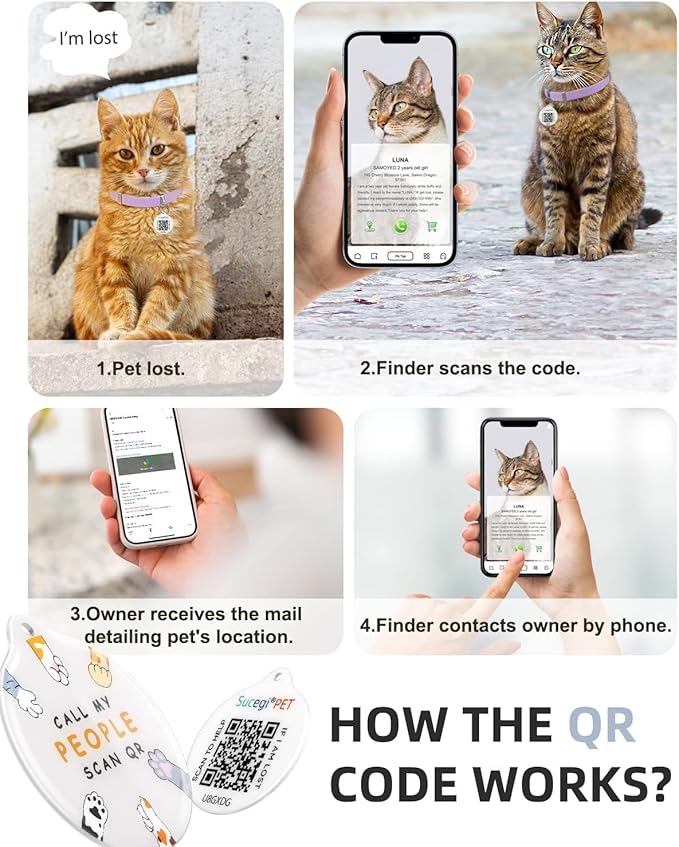 Cat Collar with QR Code Name Tag, Stretch Elastic Quick Release, Cat ID Tag Personalized, Ultra-Durable, Non Breakaway Lightweight Kitten Collar Fits Most Girl Boy Small Large Cats (Purple)