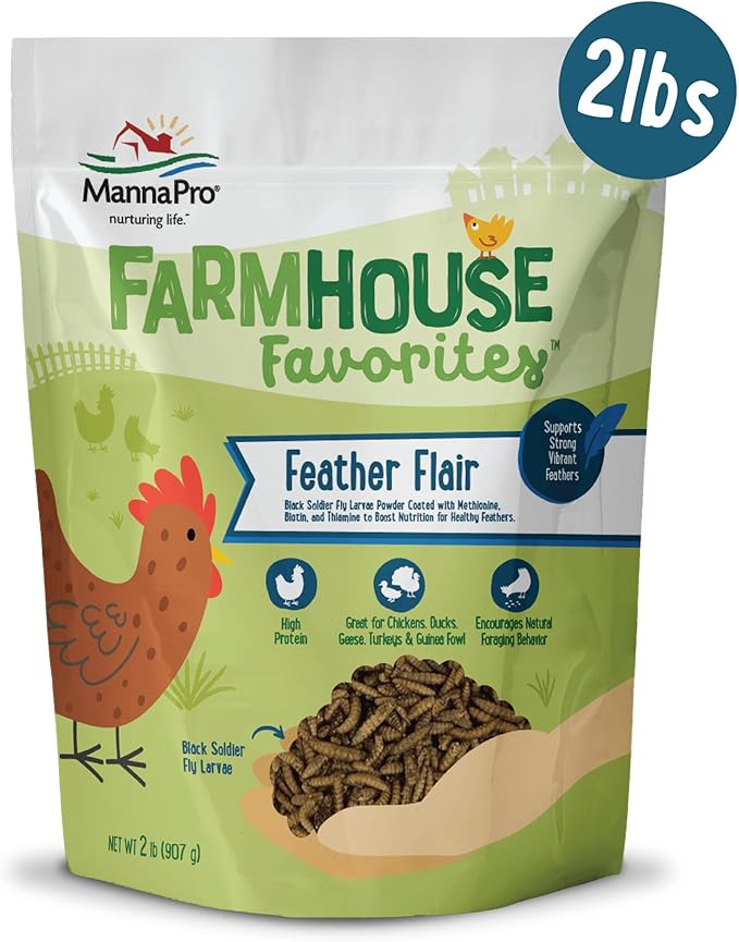 Manna Pro Farmhouse Favorites Feather Flair Poultry Treat, High Protein Chicken Treat with Methionine, Biotin & Thiamine, Supports Strong, Vibrant Feathers, for Chickens, Ducks, Turkeys & More, 2 lbs