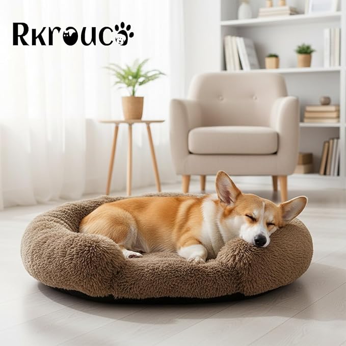 Fluffy Dog Bed Calming Donut Beds for Large Dogs Warming Round Small Medium Pet Nest Cozy Cat Mattress Indoor Washable Puppy Kennel Kittens Sleep Mat (M, 27.5×27.5 inch, Light Brown)