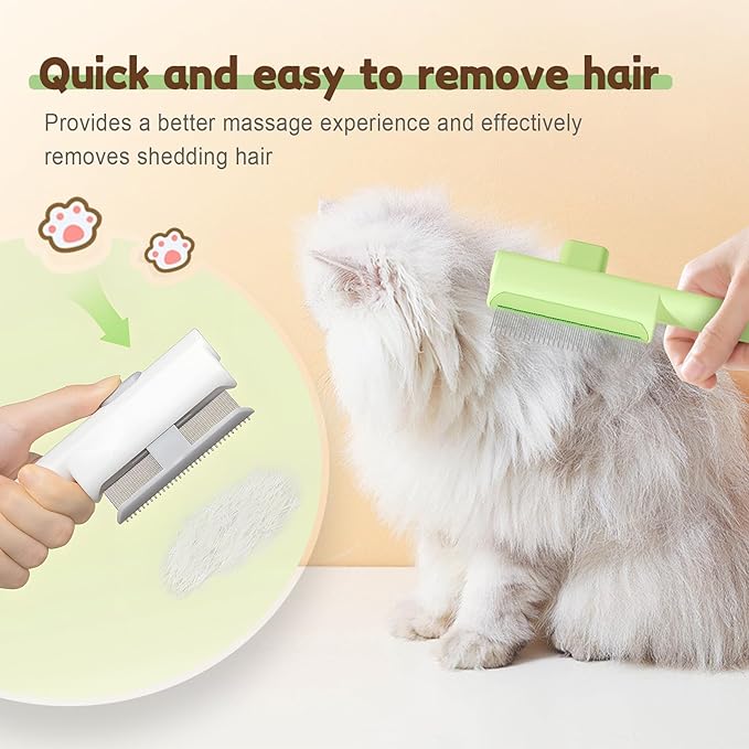 Pet Hair Removal Comb Flea Comb, 2025 Upgrade Cat Grooming Brush, Cat Brush with Release Button, De-Shedding Hair, Dog Grooming Supplies, Fine-Tooth Massage (White+Green)