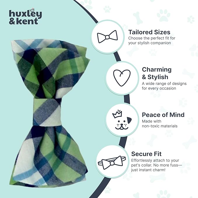 Huxley & Kent Pet Bow Tie for Dogs & Cats - Adjustable Hook & Loop Collar Accessory - Cute & Comfortable for Holidays & Celebrations - Lime Madras, Small