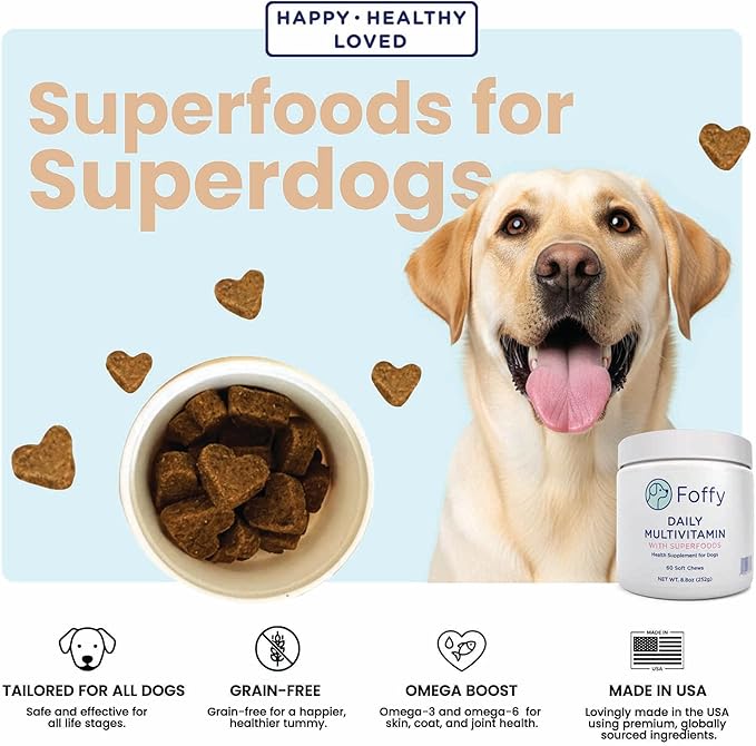 Daily Hip & Joint Multivitamin Soft Chew for Dogs with Superfoods, Probiotics, Plant-Based Omegas, kollaGen II-xs - Calms Skin, Reduces Inflammation, Improves Mobility & Promotes Longevity