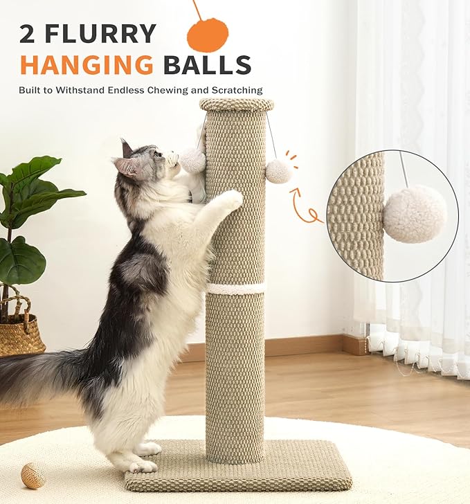 Made4Pets Tall Cat Scratching Post, 23.6" Modern Cat Scratcher with Hanging Balls, Heavy Duty and Thicker Scratching Post for Indoor Cats Adults, Sturdy Base Cat Scratch Post, Beige