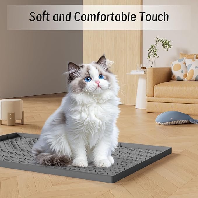 Silicone Large Cat Litter Mat 34" X 22", Cat Mat for Litter Box, Cats Litter Trapping Mats with Raised Edges, Non-Slip and Urine Waterproof Surface, Gray
