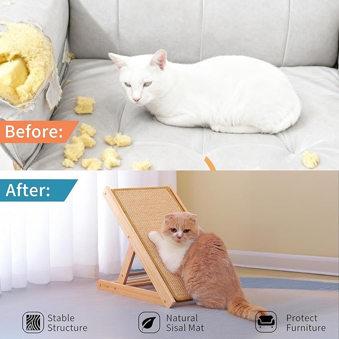 Sisal Cat Scratcher, Wood Vertical Cat Scratcher Pad No Assembly Required, Cat Scratching with Cat Teasing Stick for Indoor Cats, Size L16.5 x W11.4 x H13