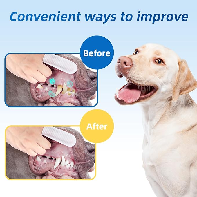 Dog Dental Wipes for Teeth Cleaning - Dog Tooth Wipes & Finger Toothbrush for Dogs, Waterless Formula Helps Fight Plaque and Tartar, Freshens Breath, Easy No-Rinse Oral Care 60 Count